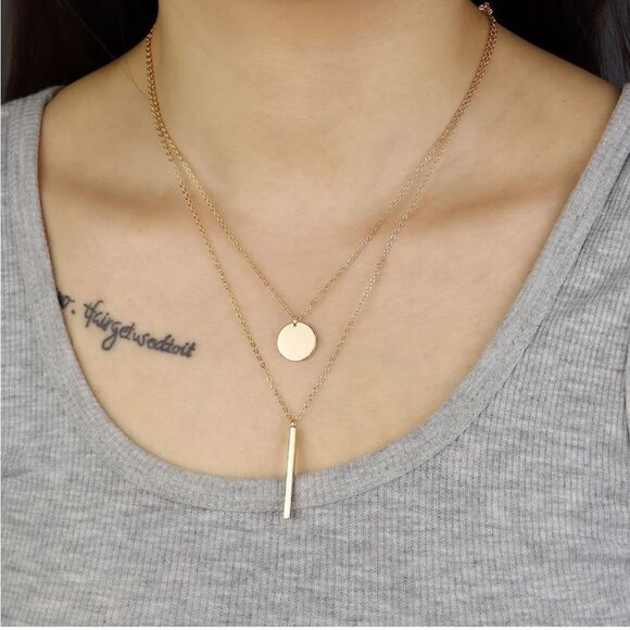 Gold 14k Gold Plated 2pc Bar & Disc Necklace Set - Picture 2 of 3